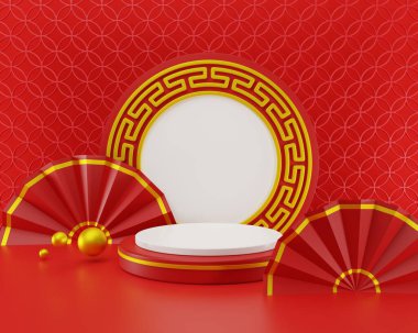 3 boyutlu resimleme Çin yeni yılı silindir podyumları, Çin Festivalleri, ürün gösterimi için boş kaide şablonu, geometrik arkaplan, kozmetik stand konsepti, soyut