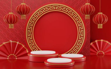 3 boyutlu resimleme Çin yeni yılı silindir podyumları, Çin Festivalleri, ürün gösterimi için boş kaide şablonu, geometrik arkaplan, kozmetik stand konsepti, soyut