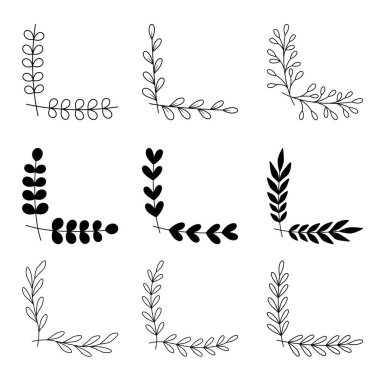 hand drawn flower corner borders. Fancy page decoration. laurel design elements.