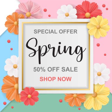 Bahar bayrağı çiçek çerçevesi, kağıt kesimi bahar çiçekleri arka plan, el ilanları, davetiyeler, posterler, broşürler, kuponlar.