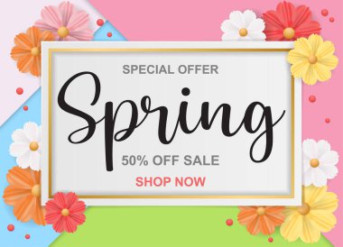 Bahar bayrağı çiçek çerçevesi, kağıt kesimi bahar çiçekleri arka plan, el ilanları, davetiyeler, posterler, broşürler, kuponlar.