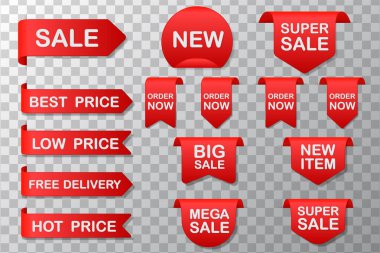 Kırmızı etiket, etiket seti. Gerçekçi fiyat kurdele etiketi, kırmızı pazar bayrakları, Kara Cuma için etiket tasarımı, gerçekçi satış etiketi, perakende ve pazarlama en iyi teklif etiketleri ve çıkartmaları.