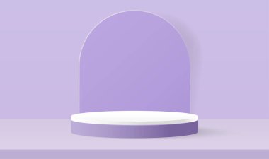 Mor arkaplanda mor silindir kürsüsü olan minimal sahnenin kağıt kesiği. Ürün sunumu, modelleme, kozmetik gösterisi. Geometrik platform. En küçük sahne.
