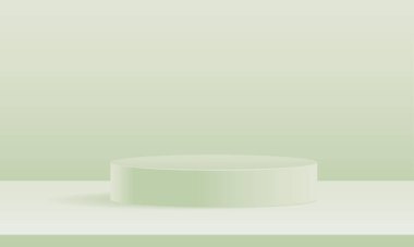 Yeşil silindir kaidesel podyum ve yeşil arka planda ürün gösterimi için pastel. Ürün sunumu, modelleme, kozmetik gösterisi. En küçük sahne.
