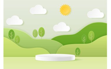 3d kağıt soyut minimetrik geometrik şekil yeşil doğa dağları üzerindeki beyaz silindir podyum ürün tanıtımı, sunumu için zemin.
