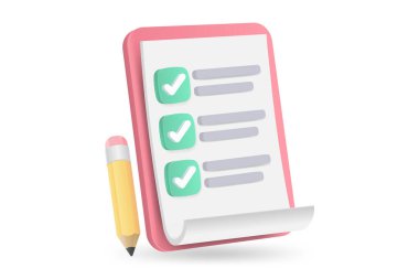 3d beyaz pano görev yönetimi kalem ile kontrol listesi, proje planı üzerinde hızlı çalışma, proje planı üzerinde verimli çalışma, hızlı ilerleme, seviye konsepti, atama ve sınav kontrol listesi simgesi.