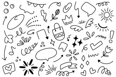 Şirin çizgi elementleri, Kara El çizilmiş vektör elementleri, basit taslak çizim tarzı vurgu, dikkat, ok, kalp, aşk, yıldız, yaprak, güneş, çiçek, taç, girdap