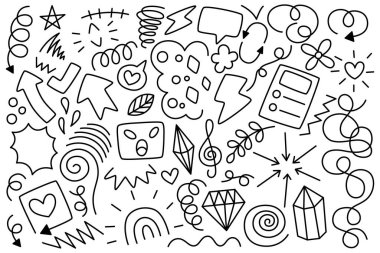 Şirin çizgi elementleri, Kara El çizilmiş vektör elementleri, basit taslak çizim tarzı vurgu, dikkat, ok, kalp, aşk, yıldız, yaprak, güneş, çiçek, taç, girdap