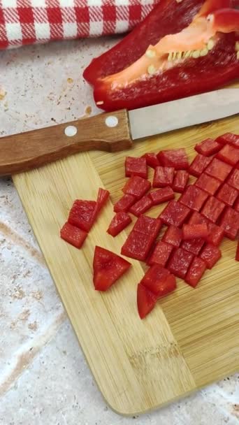 Cut Red Pepper Wooden Board — Stock Video