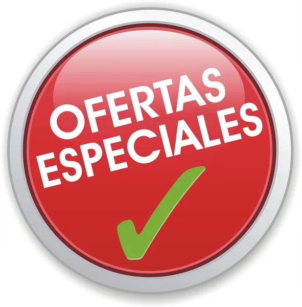 Przycisk Ofert Specjalnych Napisany Języku Hiszpańskim Czerwonym Przycisku — Zdjęcie stockowe