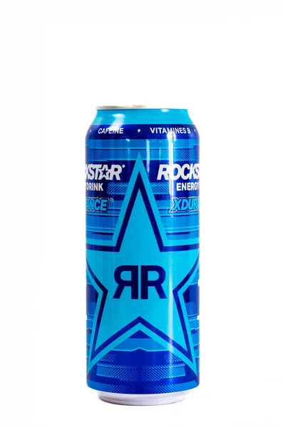 Rockstar Marca Bebida Energética Isolado Fundo Branco — Fotografia de Stock