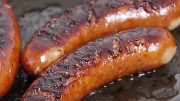 Smoked Sausages Close Cooking Frying Pan — Stock Video