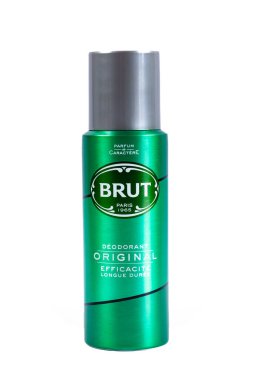 Brut brand spray deodorant for men isolated on a white background