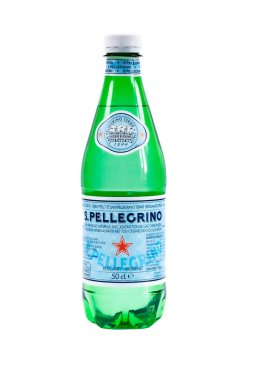 bottle of San Pellegrino brand sparkling water isolated on a white background