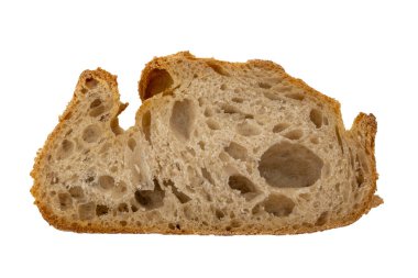 Beyaz arka planda izole edilmiş bir dilim ekmek.