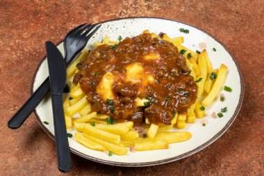 plate of fries, cheddar and ground beef in tomato sauce