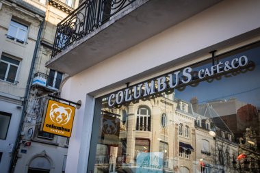 Saint-Quentin - France - 14 February 2023 - facade of a Columbus cafe brand store in the city center of Saint-Quentin