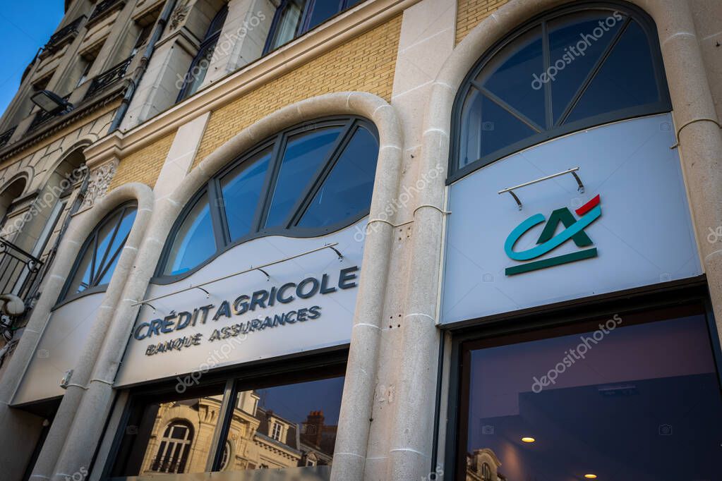 Saint-Quentin - France - 14 February 2023 - facade of a bank branch Crdit Agricole du Nord Est in the city center of Saint-Quentin