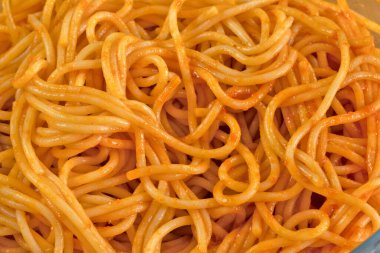 dish of spaghetti with tomato sauce close up