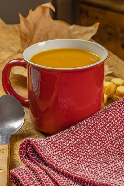 Bowl Vegetable Soup Croutons Close Table — Stock Fotó