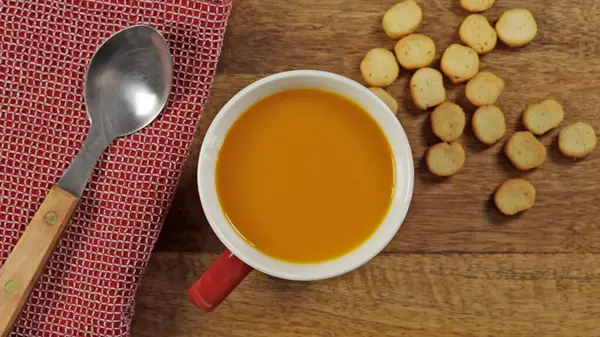 Bowl Vegetable Soup Croutons Close Table — Stock Fotó
