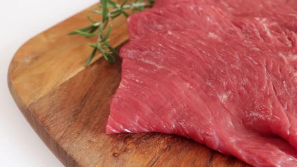 Several Raw Beef Steaks Close Cutting Board — Stock Video