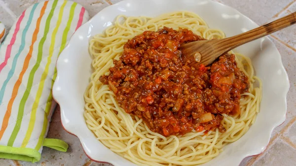 Prato Espaguete Bolonhesa Close — Fotografia de Stock