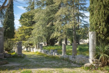 Vaucluse 'deki Vaison la Romaine kasabasındaki Roma kalıntılarının manzarası