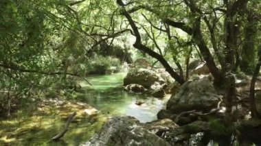 Provence 'deki şelale. Şelale turkuaz ve zümrüt renkli havuzlara akar. Sonra su küçük havuzlara akar ve küçük şelaleler oluşturur..