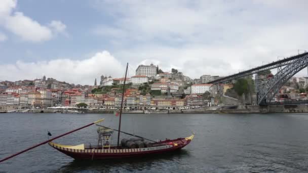 Rabelo Boat Dom Lus Bridge Porto Cais Ribeira City Porto — Stock Video