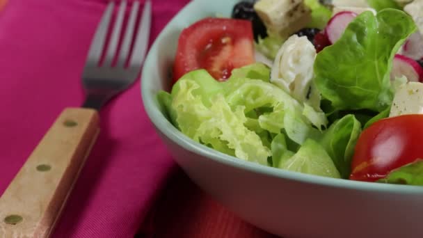 Teller Gemischten Salats Mit Feta Käse Nahaufnahme Von — Stockvideo