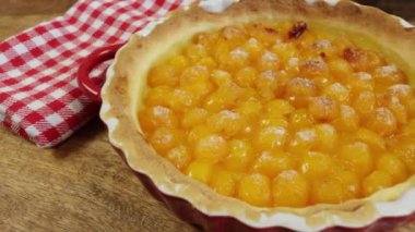 mirabelle plum tart, close-up, on a table