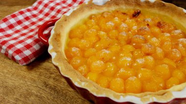 mirabelle plum tart, close-up, on a table