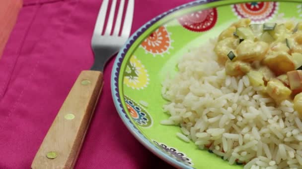 Camarones Curry Leche Coco Con Arroz Blanco Primer Plano — Vídeos de Stock