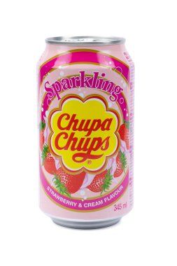 Vaison la Romaine, Vaucluse, Fransa - 07232023: Chupa Chups çilekli içecek kutusu beyaz arka planda izole edildi