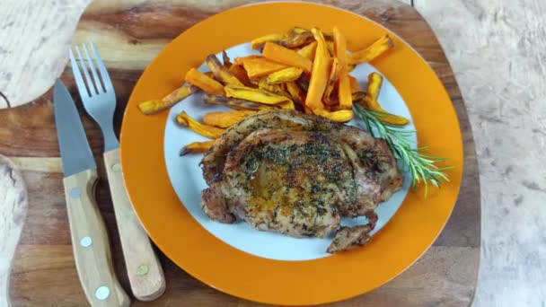 Pork Steak Sweet Potato Fries Plate — Stock Video