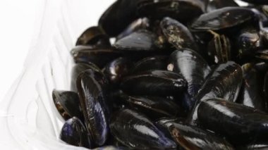 Şeffaf bir tepside, yakın plan midyeler.