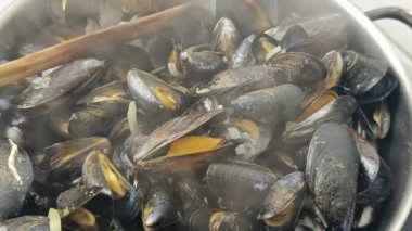 Tavada pişen midyeler, yakın plan.