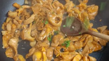 Tavada chanterelle mantarı pişirmek