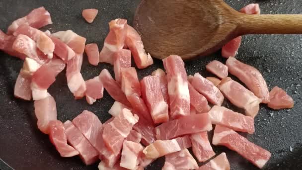 猪肉熏肉 放在锅里 — 图库视频影像