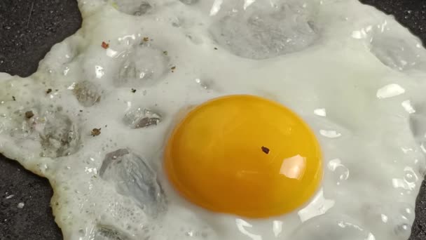 胡椒倒在一个煎蛋上 用平底锅烹调 — 图库视频影像