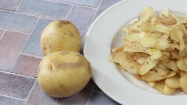 Kartoffelschalen Nahaufnahme Auf Einem Teller — Stockvideo