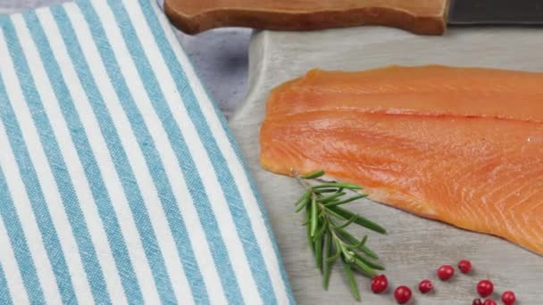 Raw Trout Fillet Close Cutting Board — Stock Video
