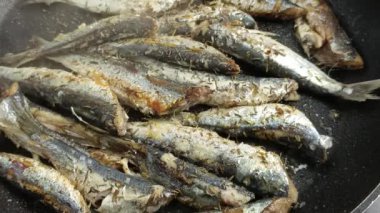 Tavada birkaç sardalya pişiyor. Büyük plan..