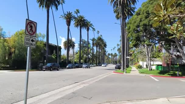 로스앤젤레스의 베벌리힐스 02282024 베벌리힐스의 로데오 드라이브 근처의 지구에서 교통량을 확립하는 — 비디오