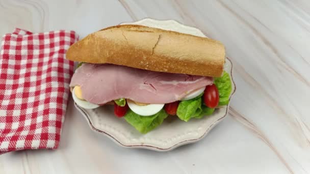 把一个拿着火腿三明治的人的手拉紧 — 图库视频影像