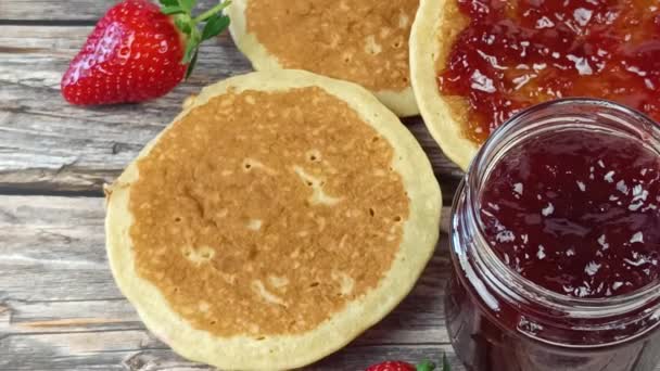 Jar Strawberry Jam Pancake Close — Stock Video