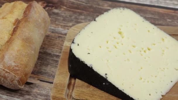 Bir Dilim Peynir Pireneler Den Kara Kedi Yakın Plan Bir — Stok video