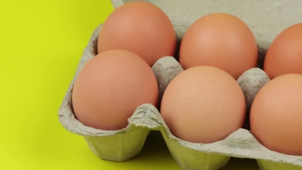 黄色の背景に隔離された卵のカートン — ストック動画
