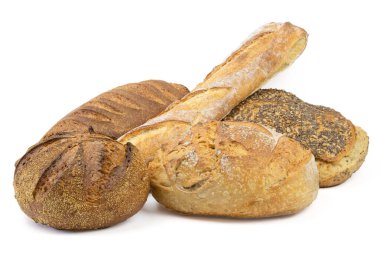 Ekmek çeşitleri, yakın plan, beyaz arkaplanda izole edilmiş.